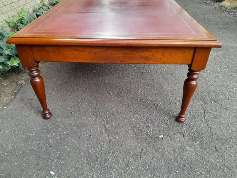 An Antique 19th Century Massive Wooden Library Table With Tooled and Inlaid Leather
