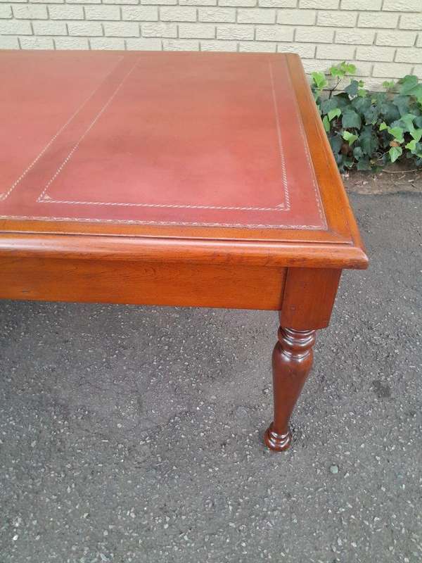 An Antique 19th Century Massive Wooden Library Table With Tooled and Inlaid Leather