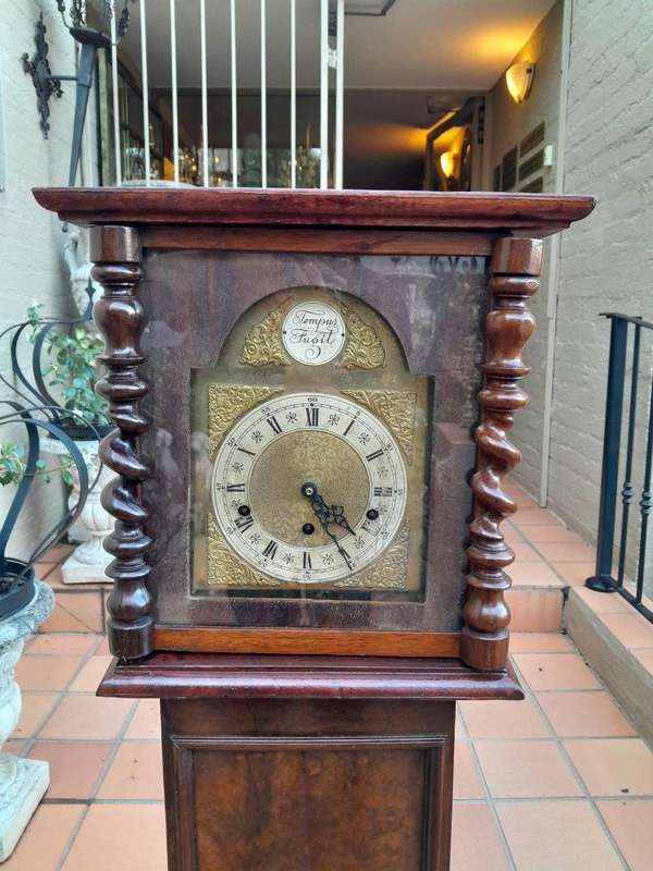 A 19th Century Burr-Walnut Tempus Fugit Clock with Pendulum and Key 