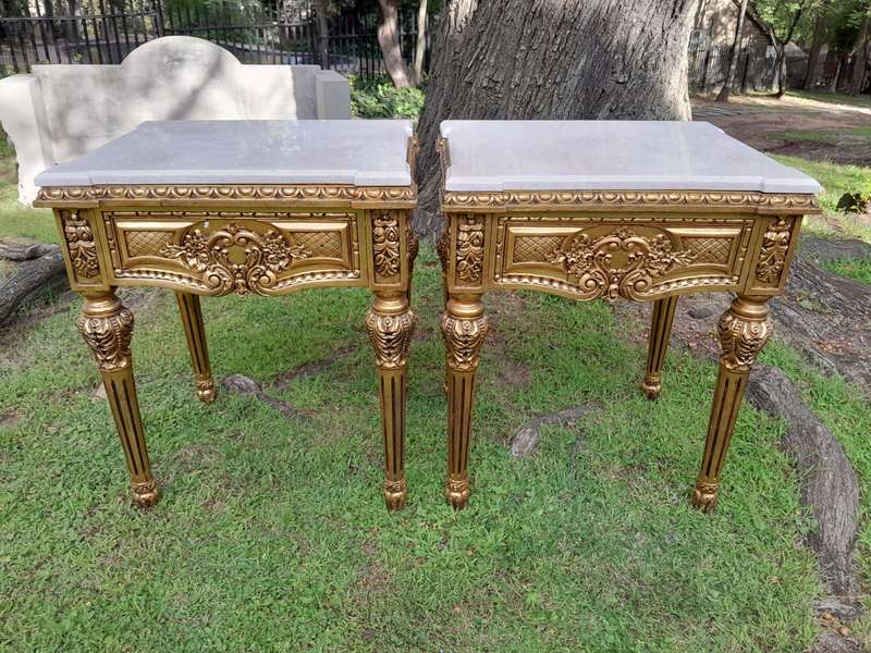 A Pair Of French Style Ornately Carved Marble Top Side Tables With 1 Drawer