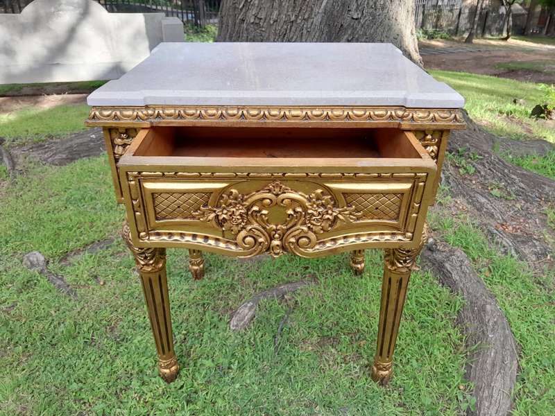 A Pair Of French Style Ornately Carved Marble Top Side Tables With 1 Drawer