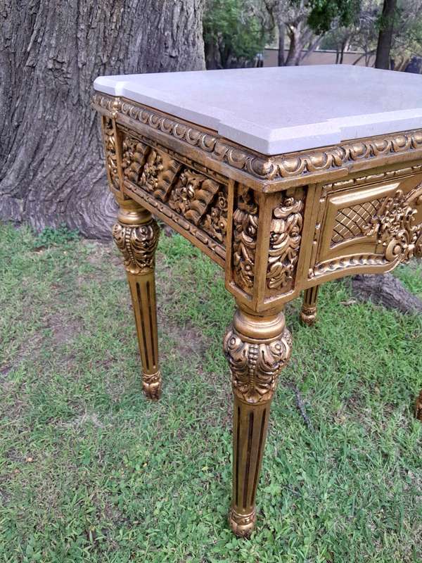 A Pair Of French Style Ornately Carved Marble Top Side Tables With 1 Drawer