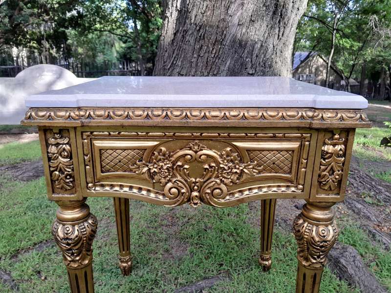 A Pair Of French Style Ornately Carved Marble Top Side Tables With 1 Drawer