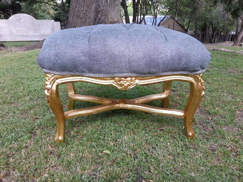 A French Style Giltwood Ottoman / Tuffet / Stool Upholstered in Deep Buttoned Leather