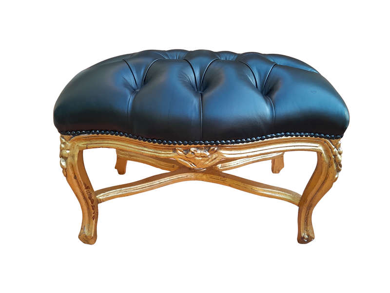 A French Style Giltwood Ottoman / Tuffet / Stool Upholstered in Deep Buttoned Leather