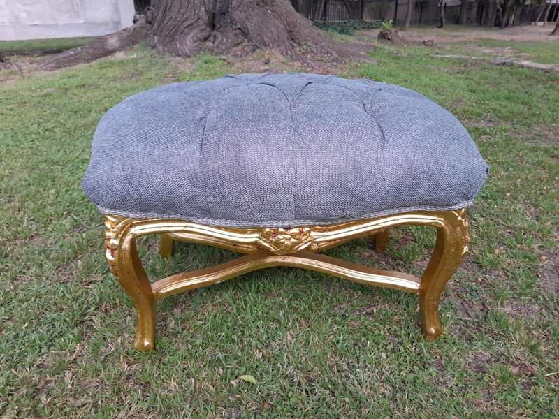A French Style Giltwood Ottoman / Tuffet / Stool Upholstered in Deep Buttoned Leather