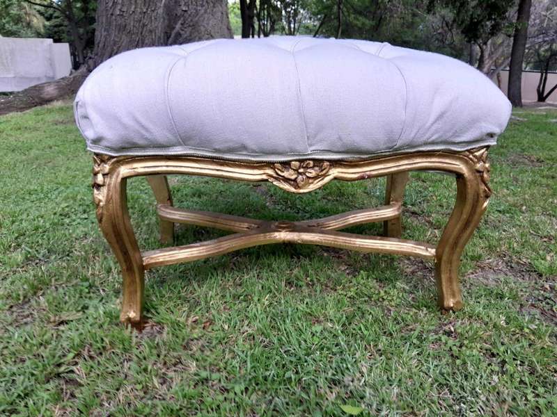 A French Style Giltwood Ottoman / Tuffet / Stool Upholstered in Deep Buttoned Leather