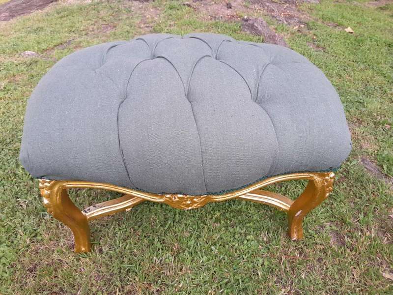 A French Style Giltwood Ottoman / Tuffet / Stool Upholstered in Deep Buttoned Leather