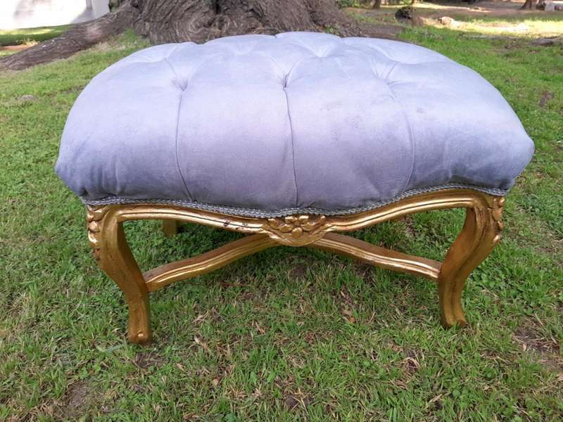 A French Style Giltwood Ottoman / Tuffet / Stool Upholstered in Deep Buttoned Leather