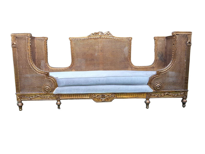 A French Style Hand Gilded Rattan Settee / Day Bed With Seat Cushion