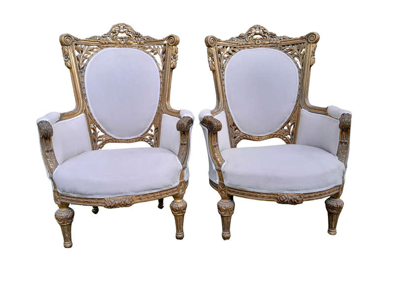 A Pair Of French Style Giltwood Ornate Arm Chairs