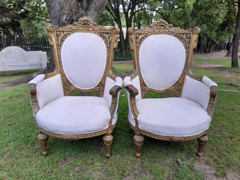 A French Style Giltwood Ornately Carved Settee With A Pair Of Matching Armchairs