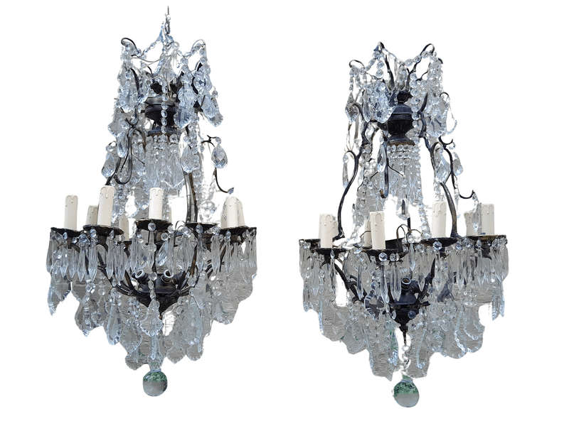 A 20th Century Pair Of French Style Brass & Crystal Chandeliers
