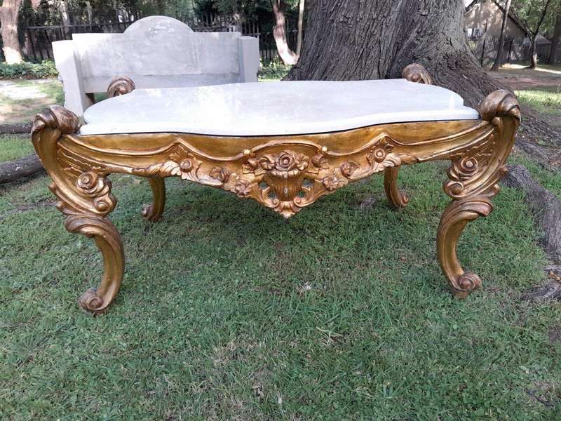 A French Style Ornately Carved Coffee Table with Marble Top