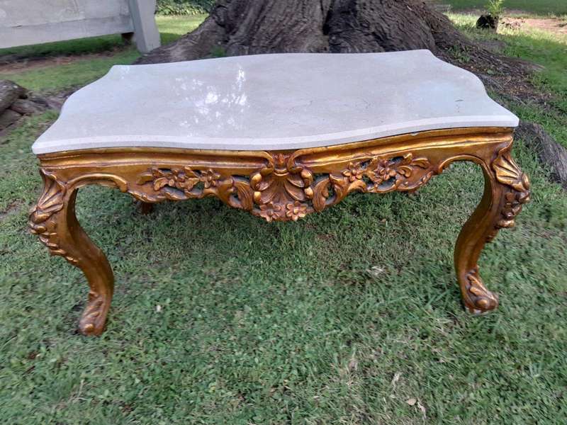 A French Style Ornately Carved Coffee Table with Marble Top