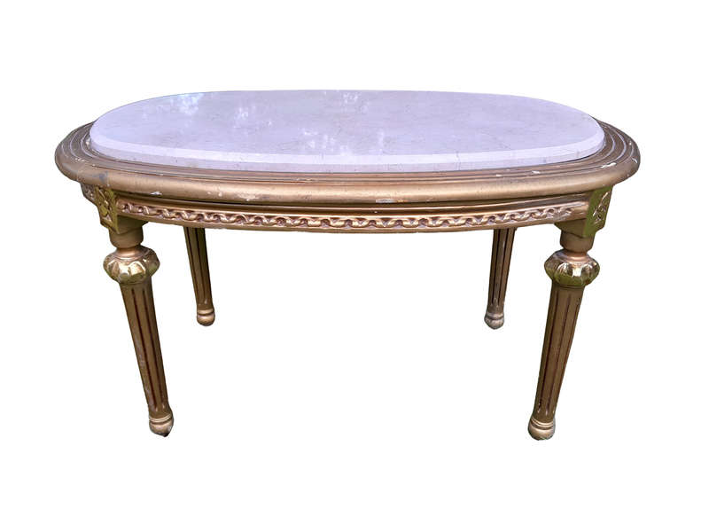 A French Style Ornately Carved Oval Coffee Table with Marble Top