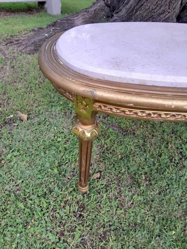 A French Style Ornately Carved Oval Coffee Table with Marble Top