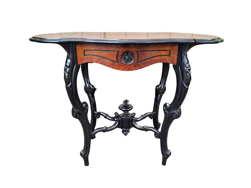 An Antique Victorian Burr Walnut and Ebonised Drop Side Table and Fitted Interior