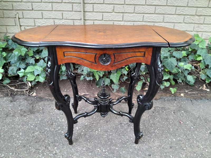 An Antique Victorian Burr Walnut and Ebonised Drop Side Table and Fitted Interior