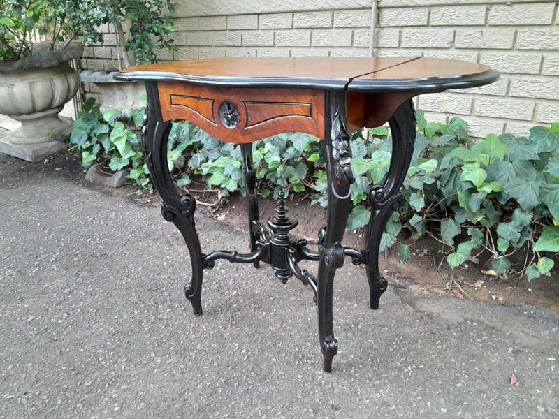 An Antique Victorian Burr Walnut and Ebonised Drop Side Table and Fitted Interior