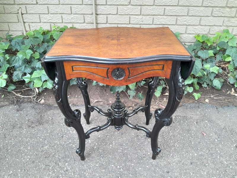 An Antique Victorian Burr Walnut and Ebonised Drop Side Table and Fitted Interior