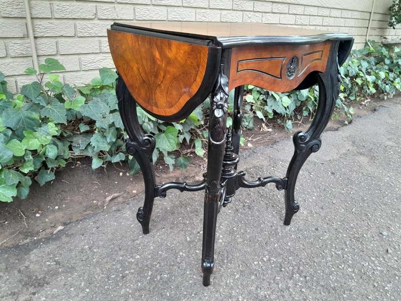 An Antique Victorian Burr Walnut and Ebonised Drop Side Table and Fitted Interior