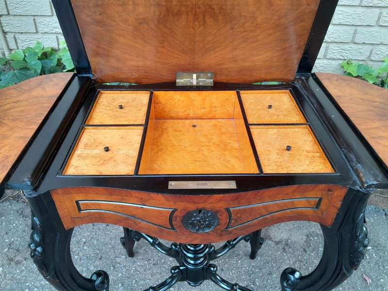 An Antique Victorian Burr Walnut and Ebonised Drop Side Table and Fitted Interior