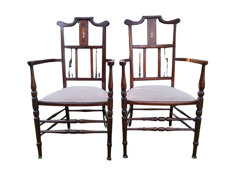 An Antique Edwardian Pair of Mahogany and Inlaid Armchairs