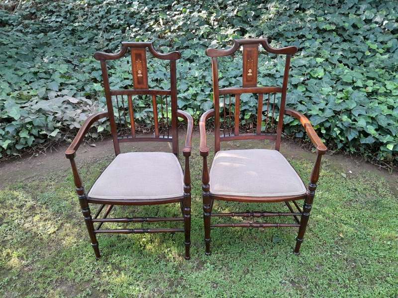 An Antique Edwardian Pair of Mahogany and Inlaid Armchairs