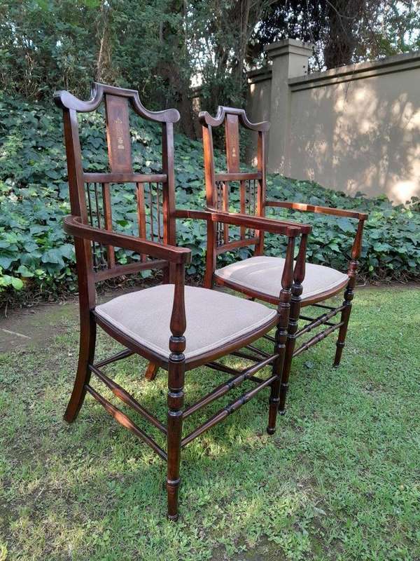 An Antique Edwardian Pair of Mahogany and Inlaid Armchairs