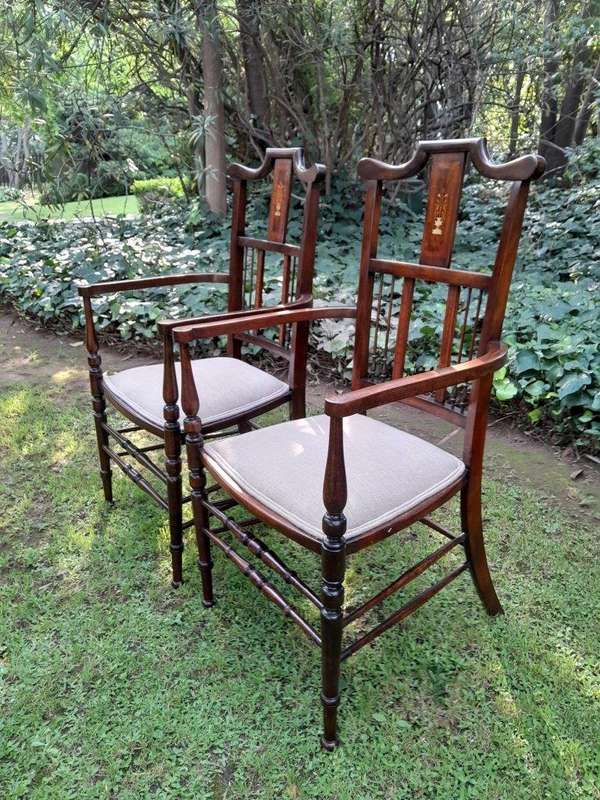 An Antique Edwardian Pair of Mahogany and Inlaid Armchairs