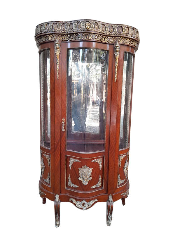An Antique 20th Century French Ornate Style Mahogany Vitrine with Metal Mounts