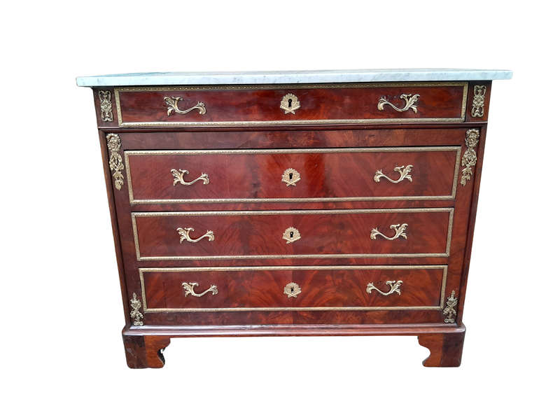 An Antique 19th Century French Louis Xvi Style Flame Mahogany Chest Of Drawer With Original Marbl...