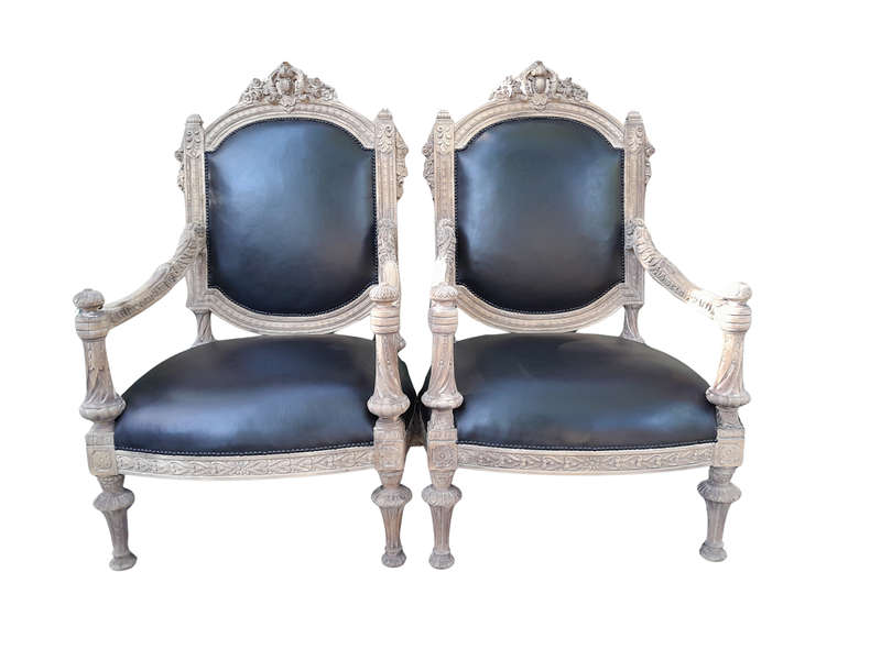 A 20TH Century French Style Ornately Carved Pair of  Oak Armchairs in a Contemporary Bleached Fin...