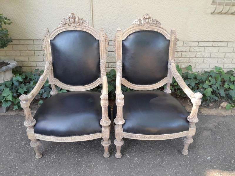 A 20TH Century French Style Ornately Carved Pair of  Oak Armchairs in a Contemporary Bleached Fin...