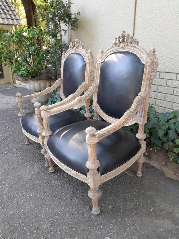 A 20TH Century French Style Ornately Carved Pair of  Oak Armchairs in a Contemporary Bleached Fin...