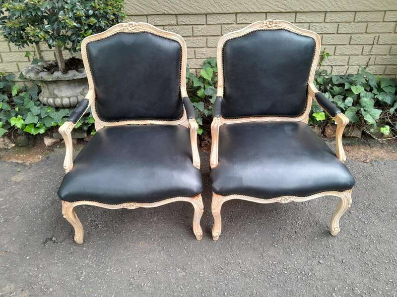 A 20th Century French Style Pair of Fruitwood Armchairs in a Contemporary Wood Finish and Upholst...