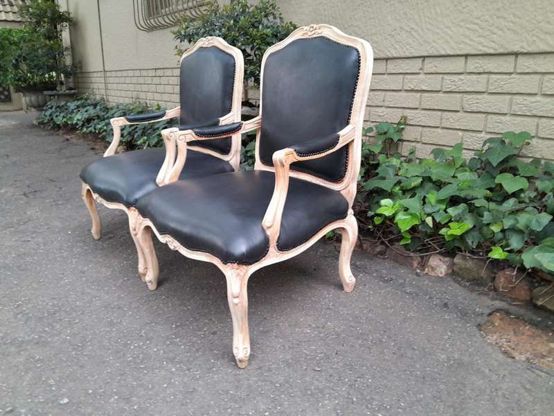 A 20th Century French Style Pair of Fruitwood Armchairs in a Contemporary Wood Finish and Upholst...