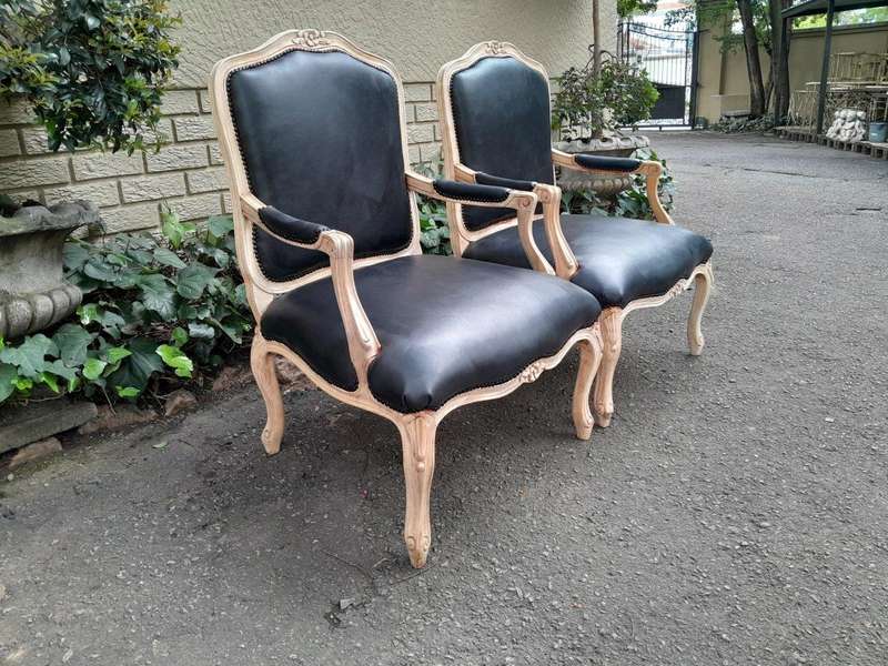 A 20th Century French Style Pair of Fruitwood Armchairs in a Contemporary Wood Finish and Upholst...