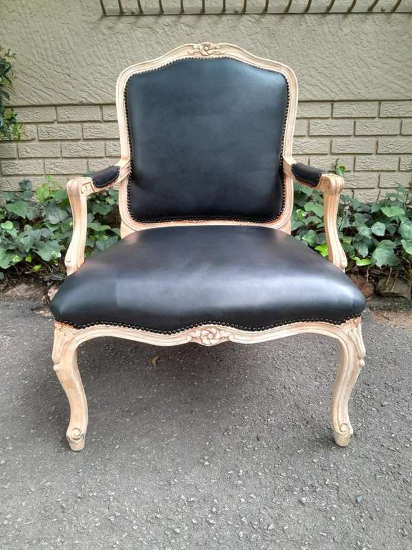 A 20th Century French Style Pair of Fruitwood Armchairs in a Contemporary Wood Finish and Upholst...