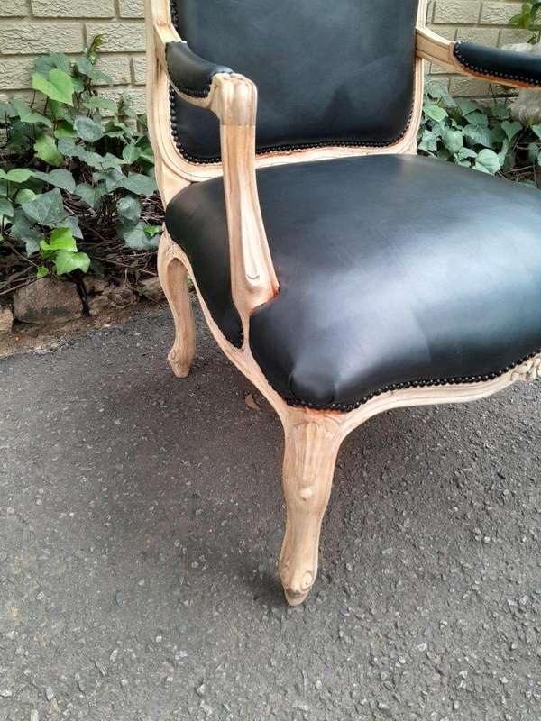A 20th Century French Style Pair of Fruitwood Armchairs in a Contemporary Wood Finish and Upholst...