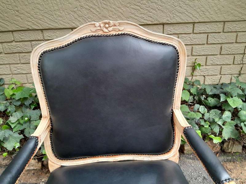 A 20th Century French Style Pair of Fruitwood Armchairs in a Contemporary Wood Finish and Upholst...