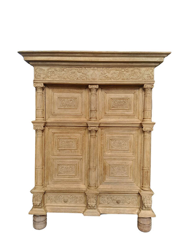 An Antique 18th Century Flemish Heavily Carved Oak Cabinet / Cupboard / Kussenkast in a Contempor...