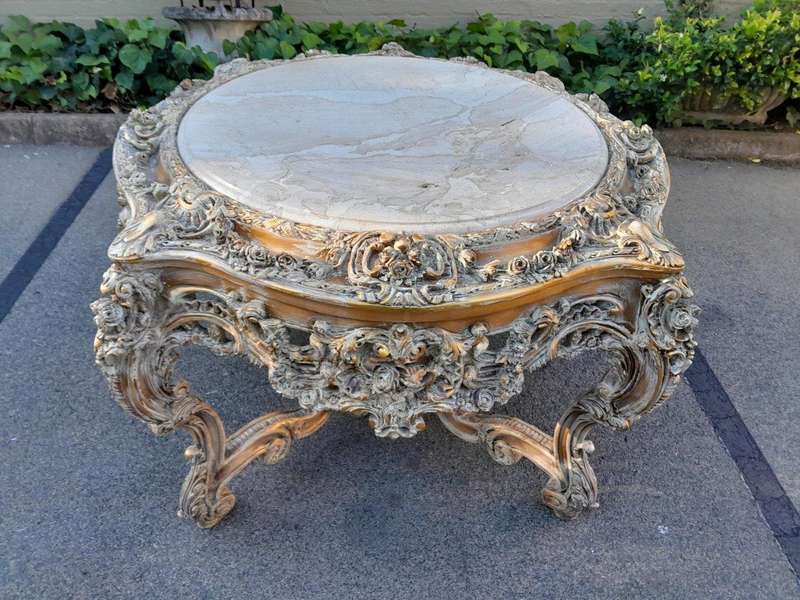 A 20th Century French Massive Gilt Heavily Carved Entrance Table / Table With Marble Top