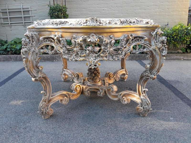 A 20th Century French Massive Gilt Heavily Carved Entrance Table / Table With Marble Top