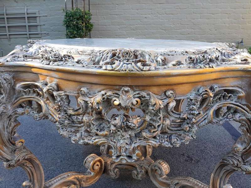 A 20th Century French Massive Gilt Heavily Carved Entrance Table / Table With Marble Top