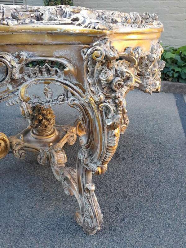A 20th Century French Massive Gilt Heavily Carved Entrance Table / Table With Marble Top