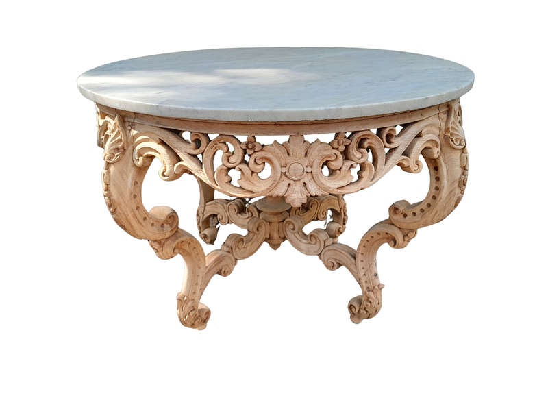 A20th Century Rococo Style Heavily Carved Teak Table with White Marble Top in a Contemporary Blea...