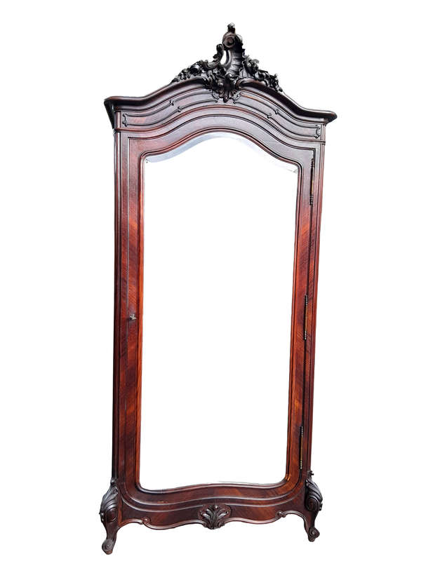 An Early 20th Century French Carved Rosewood Armoire with Bevelled Mirror and Lock and Key