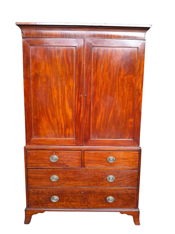 An Antique Circa Victorian Circa 1890s Mahogany Linen Press with Brass Handles  Five Shelves a...